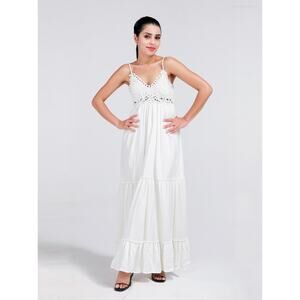 Southern Fried Chics White Lace Boho Maxi Dress | Tiered | Large